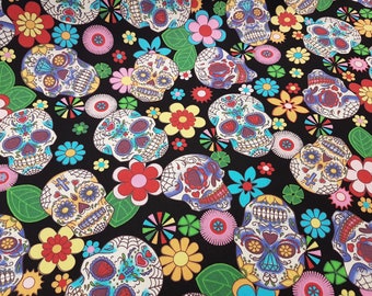 Sugar Skull Fabric, Floral Skeletons, 100% Cotton, Goth Crafting