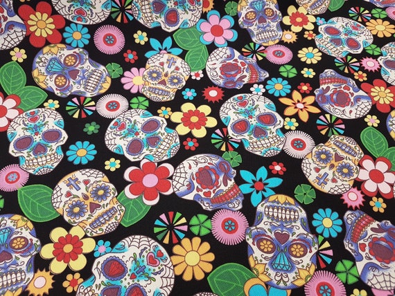 Sugar Skull Fabric, Floral Skeletons, 100% Cotton, Goth Crafting