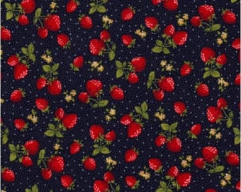 Navy Strawberries fabric prints cotton poplin, 100% cotton print, craft and clothing, quilting fabric Yard/meter