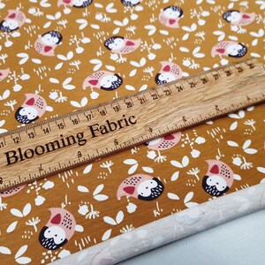 Owl fabric, Cotton Jersey, Owl on Ochre, Cotton knit fabric, bird print stretch fabric, Yard/Meter