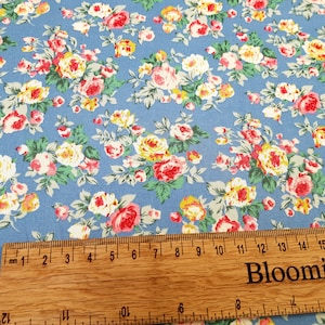 Floral fabric, roses on blue, Ditsy flowers fabric 100% cotton poplin craft, clothing, quilting fabric Yard/Meter wide 43&quot;