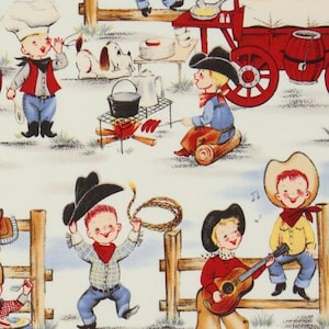 Tessuto Lil Cowpokes in stile retrò vintage Michael Miller, tessuto da cowboy, tessuto in stile anni '50, tessuto novità, stile occidentale, Yard/Meter