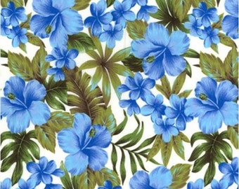 Blue Floral Hawaiian Fabric, Tropical Cotton Print (Half Meter)
