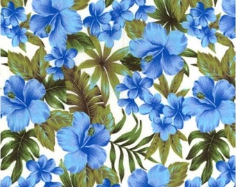 Hawaiian fabric Blue  flowers tropical cotton retro Hawaiicotton 100% cotton print, craft and clothing, quilting fabric half meter