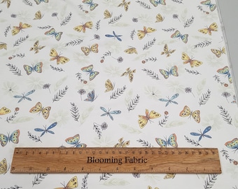 Butterflies fabric, pastel colours, Cotton Jersey, flower fabric, Cotton knit fabric, T - shirt fabric, Yard/Meter