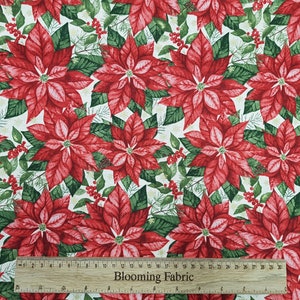 Poinsettias fabric, Floral fabric, Christmas fabric, Traditional Holly print green/red Metallic gold quilting fabric meter/yard