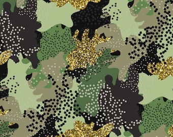 May include: A seamless pattern featuring a camouflage design with green, brown, and black shapes. The pattern is accented with gold glitter.
