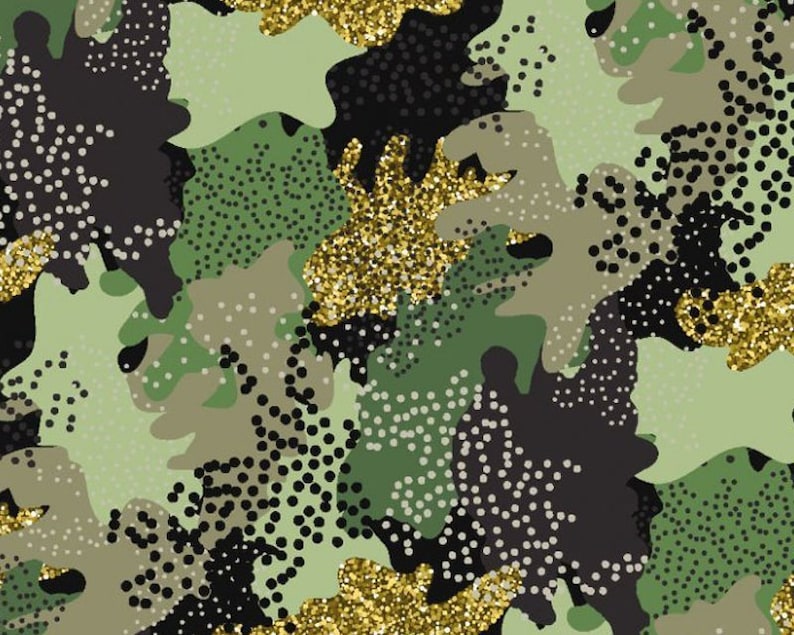 May include: A seamless pattern featuring a camouflage design with green, brown, and black shapes. The pattern is accented with gold glitter.