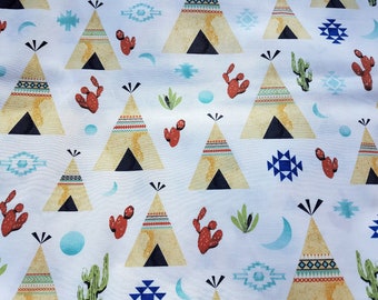 May include: White fabric with a repeating pattern of teepees, cacti, and geometric shapes in shades of blue, green, red, and yellow.