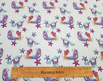 Mermaid Jersey, sea life fabric, Soft Cotton Stretch Knit Dress Fabric Yard/Meter wide 58"