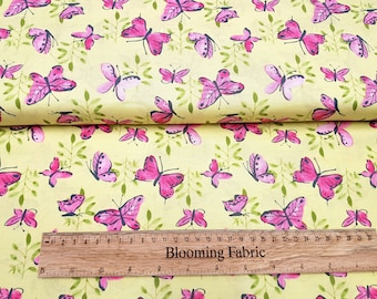 Pink Butterfly Print Cotton Fabric, Small Floral Quilting Material (20" x 21")