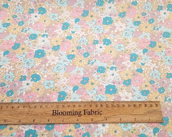 Pastel flower fabric, Floral print 100% cotton pink/ blue/yellow, craft and clothing, quilting fabric wide 43"