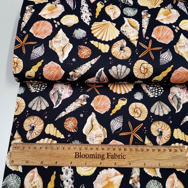 Seashell fabric, Beach fabric, Nautical Fabric Cotton canvas fabric navy, 100% cotton, craft, bag making Yard/ Meter
