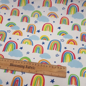 Rainbow polycotton fabric, cloud fabric, nurserie fabric PolyCotton Fabric, Craft fabric, quilting fabric Yard/Meter