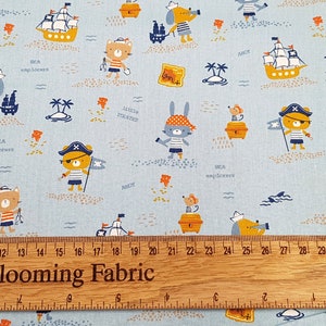 Pirates fabric, pirate ship fabric, sky blue fabric, Organic Cotton Poplin 100% cotton, craft and clothing, quilting fabric 58&quot; wide
