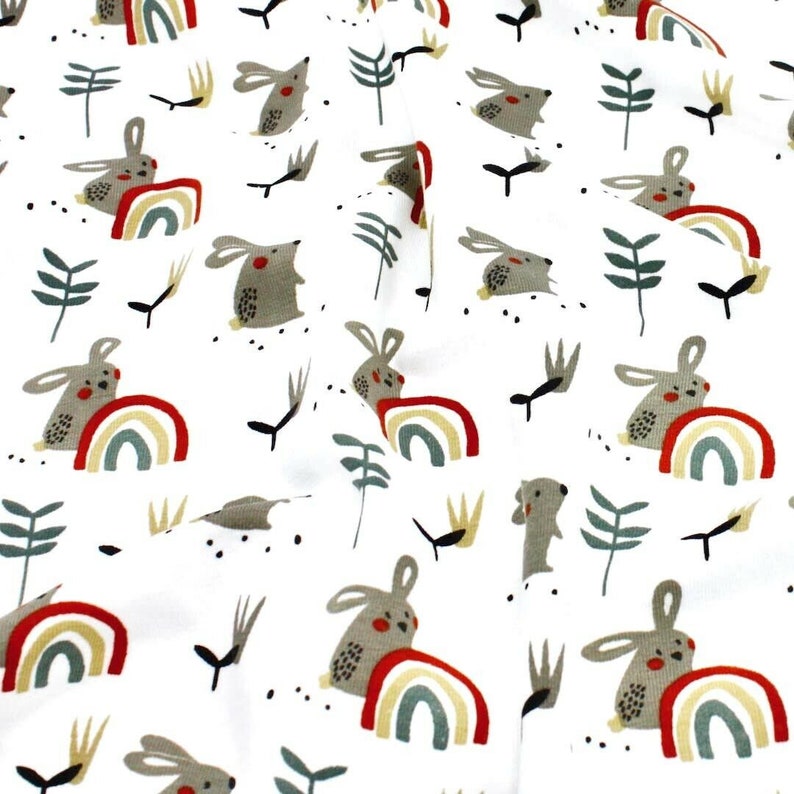 YardMeter Cotton knit fabric Rabbit on White Cotton jersey fabric animal print stretch fabric Cotton Jersey