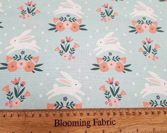 Spring fabric, Easter fabric, Bunny fabric, flower fabric, Mint floral 100% cotton Last 25" x  43"