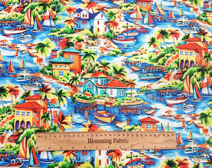 Tropical Island Cotton Fabric, Palm Tree Fabric Retro Hawaiicotton 100