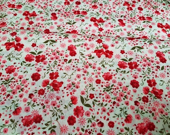 Flower fabric, Ivory red flower prints cotton poplin, 100% cotton print, craft and clothing, quilting fabric Yard/Meter