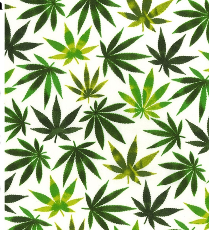 May include: A white background with a repeating pattern of green marijuana leaves. Some of the leaves have a yellow-green color.
