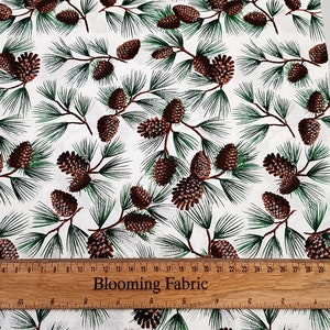 Pine cones fabric, Christmas fabric, Metallic silver snow quilting fabric, craft fabric meter/yard, 43&quot; wide