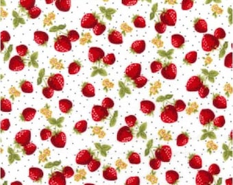 May include: A white fabric with a repeating pattern of red strawberries, green leaves, and small yellow flowers. The strawberries vary in size and are scattered across the surface.