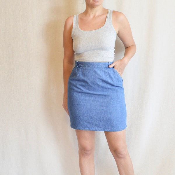 28” denim knee length skirt with side pockets