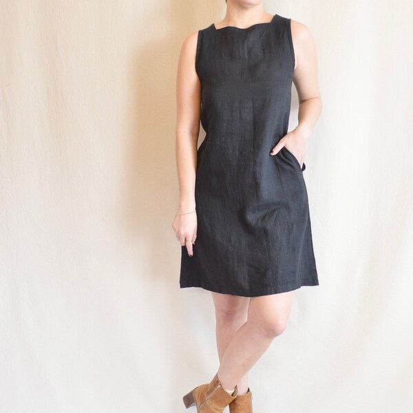 simple black linen flax wide strap mini dress