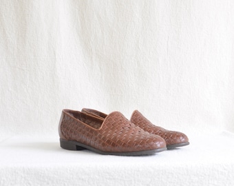 woven cognac leather loafers