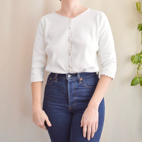 sweet white cotton cardigan with crochet neckline