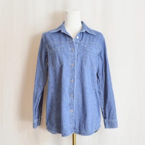 mid wash lightweight button down denim shirt