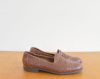 woven cognac leather loafers