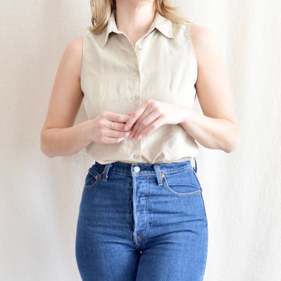 taupe beige silk button down collared tank - image 2