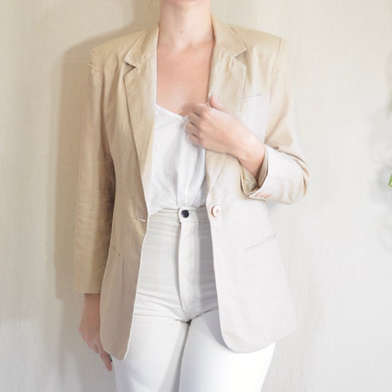 long line beige linen blend single pocket blazer