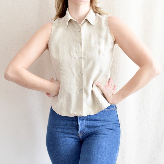 taupe beige silk button down collared tank - image 3