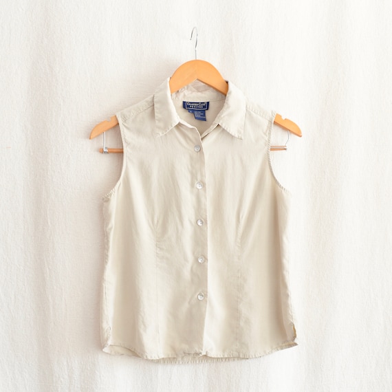 taupe beige silk button down collared tank - image 8