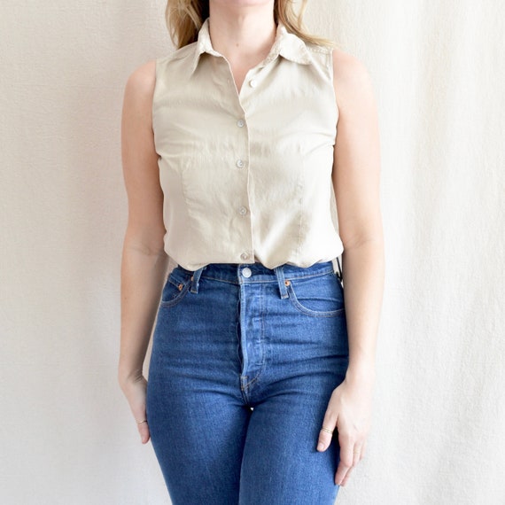 taupe beige silk button down collared tank - image 1