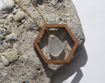 Necklace with Wooden Pendant and Chicago Sea Glass