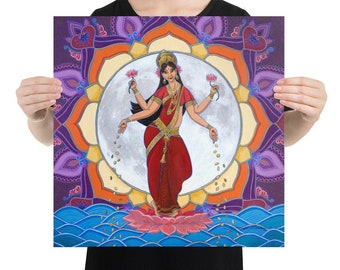 Goddess Lakshmi Print, Choose from 10x10 12x12 14x14 16x16 18x18, open edition prints of original acrylic on wood panel