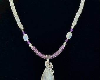 Rainbow Moonstone wire-wrapped pendant, beaded necklace with earrings handmade set