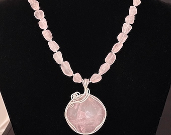 Rose Quartz wire-wrapped pendant, beaded necklace, handmade