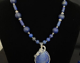 Lapis Lazuli wire-wrapped pendant, beaded necklace with earrings handmade set