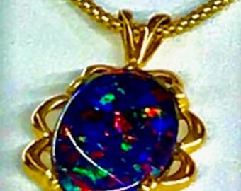 Triplet Black opal from Australia, gold chain, and pendant