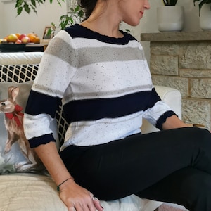 Adelaide Navy-White Striped Cotton Knit Jumper with Sequins