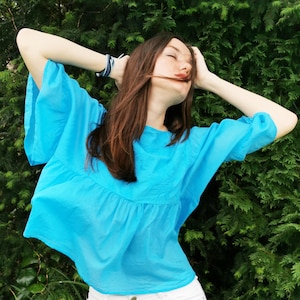 Blue Lagoon Oversized Cotton Top With Embroidery