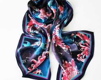 Koi Long Silk Scarf Blue-Pink