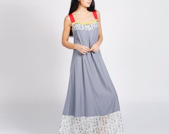 Portofino Grey Maxi Dress with Print Hem