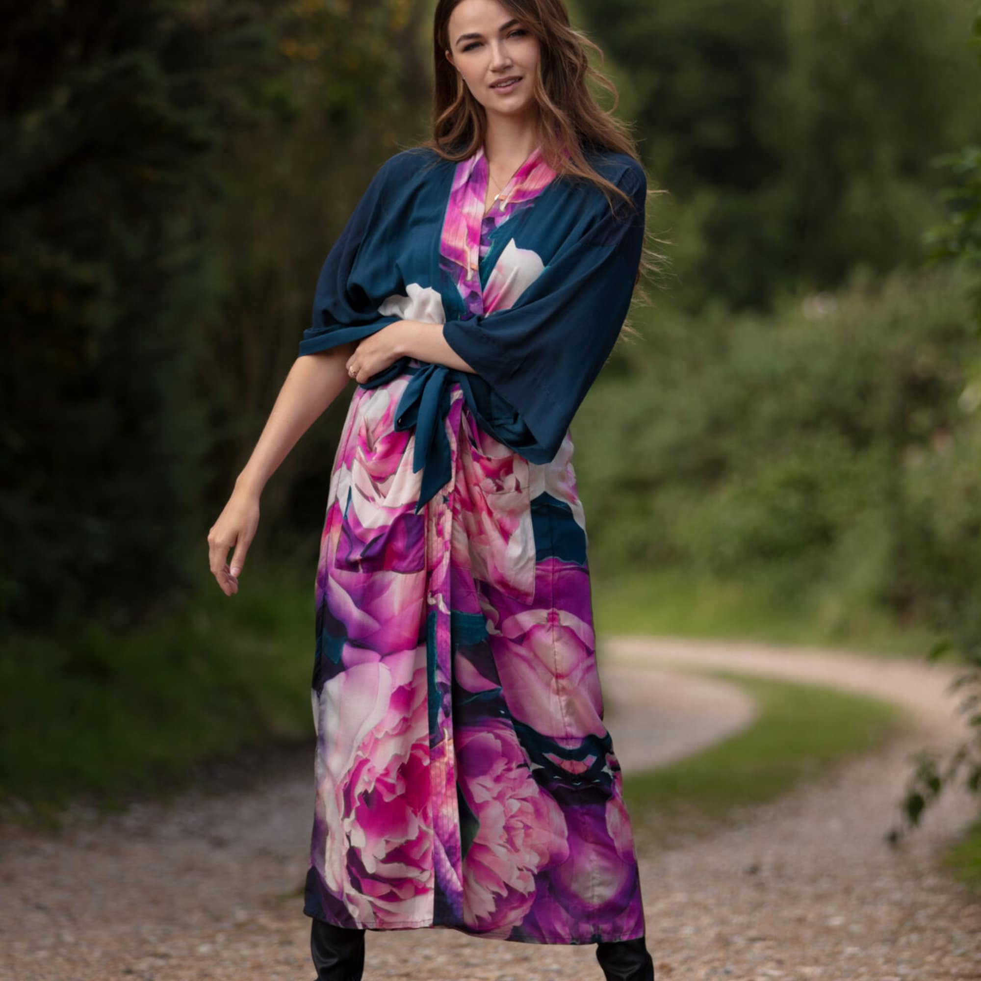 Rayon Jersey Long Kimono Robe in Peony Print