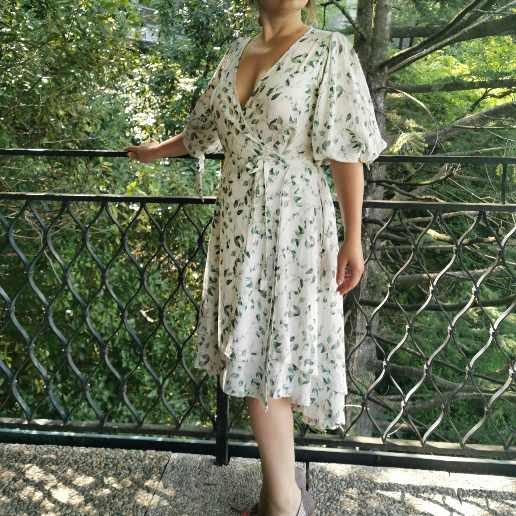 Petra Shirt Dress in in White with Green Multi Print Linen Blend