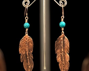 Copper & Turquoise Feather Earrings